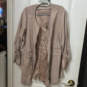 Maurices Tan Blazer with Ruched Sleeves and Open Front